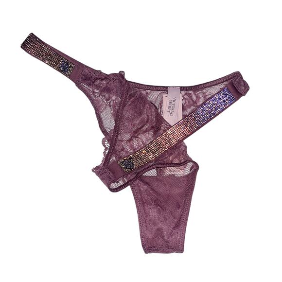 Victoria's Secret Sunset Ombré Shine Strap Rose Lace Thong Purple Vapor Medium - Picture 1 of 5